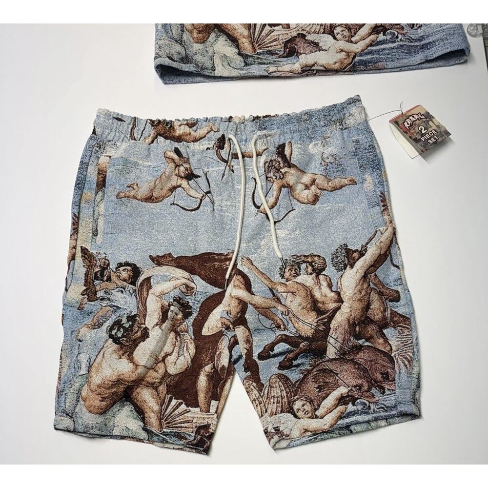 Rebel Vengeance Tapestry Shirt & Shorts Set Mens L Renaissance Angel Cherub Art - Picture 3 of 8